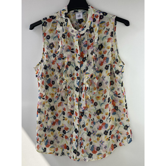 Cabi Tux Ruffle Sleeveless Sheer Blouse #6108 Floral Multi-Colored Top Sz Large - Picture 2 of 10